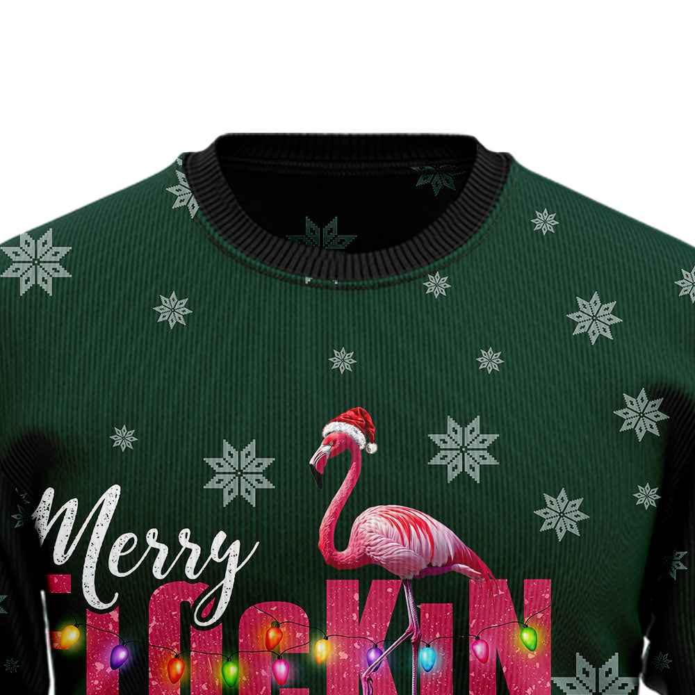 Merry Flockin Christmas Flamingo Ugly Sweater, Funny Pink Bird Holiday Sweatshirt, Novelty Xmas Pullover Men Women