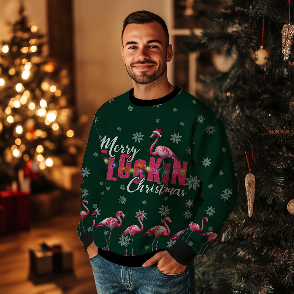 Merry Flockin Christmas Flamingo Ugly Sweater, Funny Pink Bird Holiday Sweatshirt, Novelty Xmas Pullover Men Women