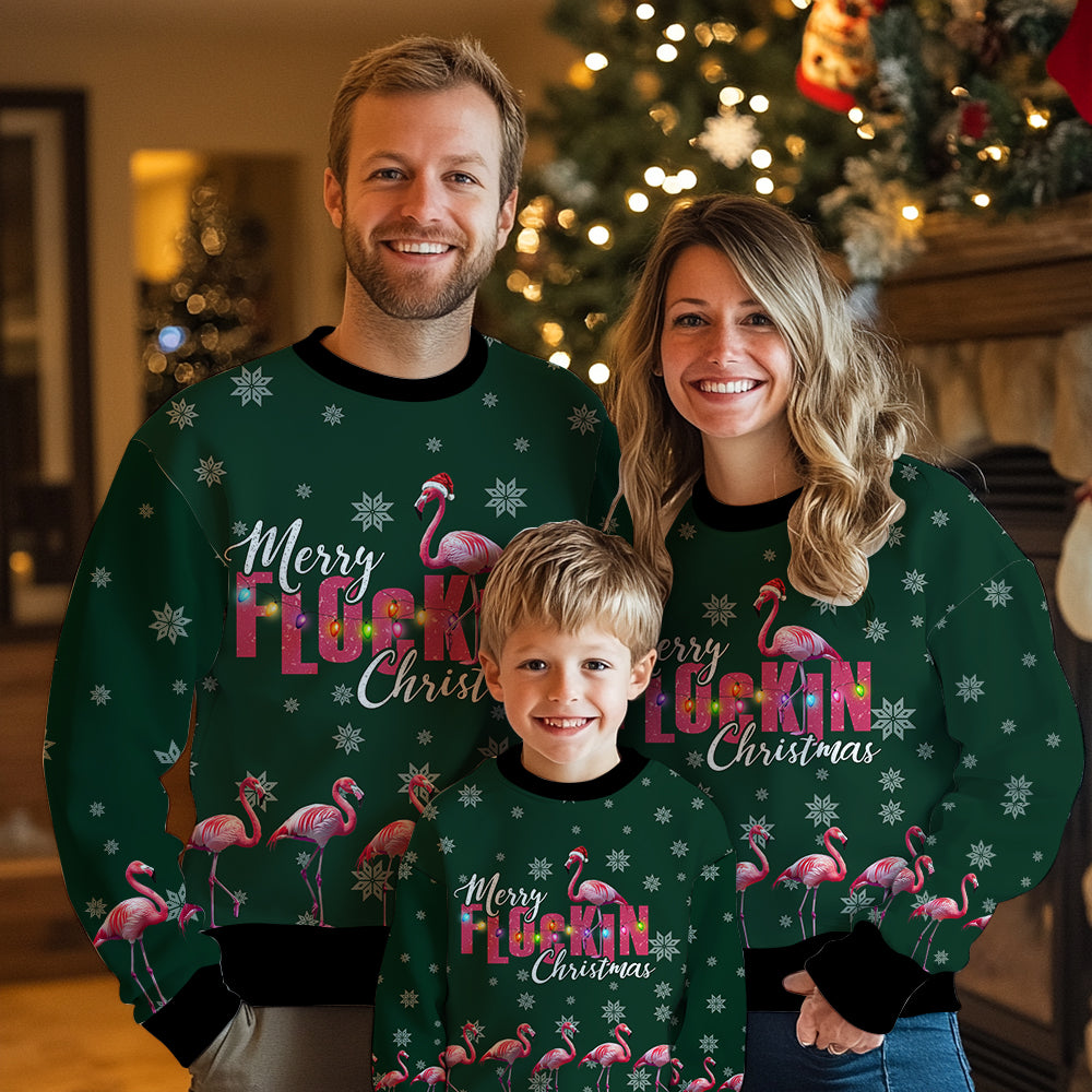 Merry Flockin Christmas Flamingo Ugly Sweater, Funny Pink Bird Holiday Sweatshirt, Novelty Xmas Pullover Men Women