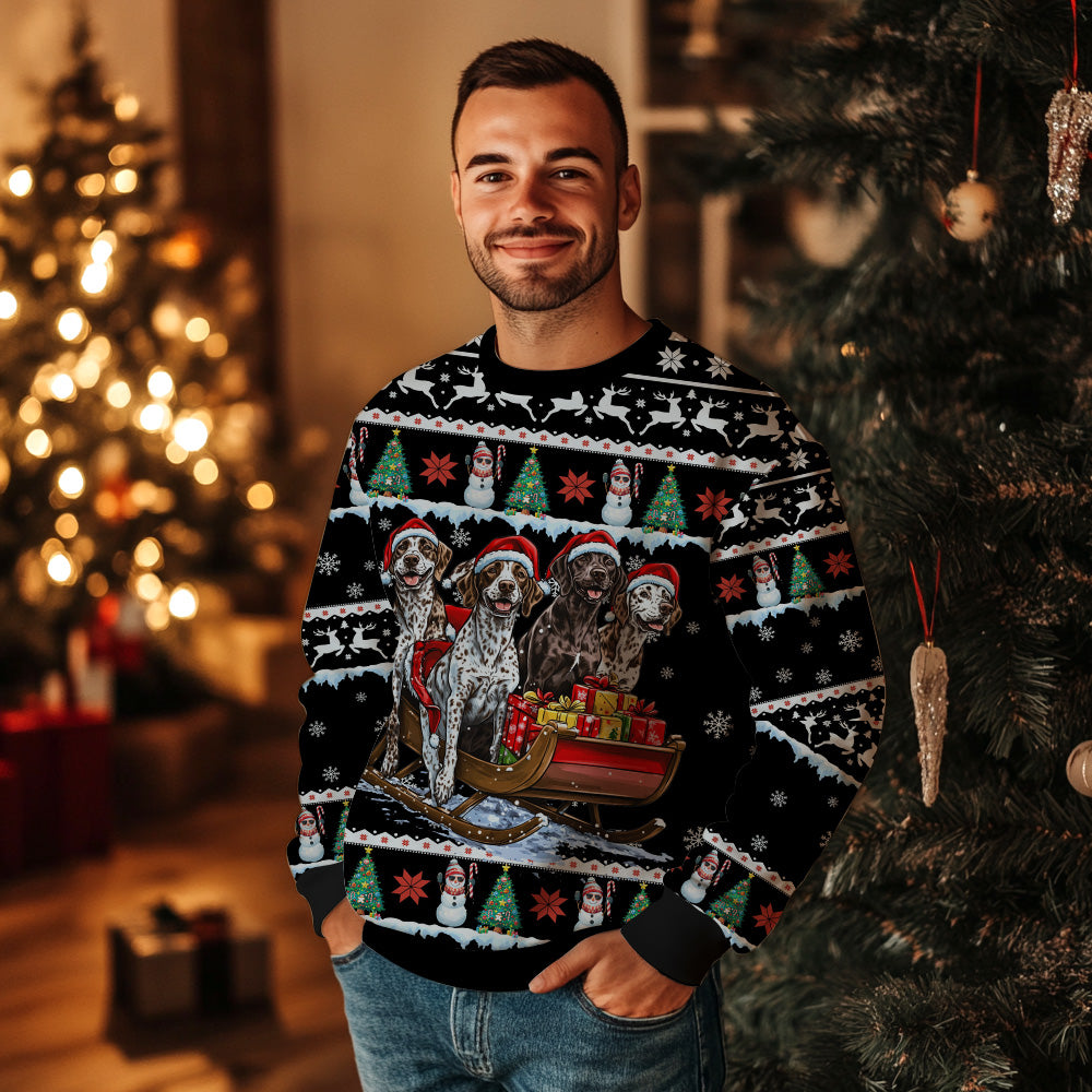 German Shorthaired Pointer Ugly Christmas Sweater, Funny Dog Sleigh Holiday Sweatshirt, Cute Xmas Party Pullover Men Women
