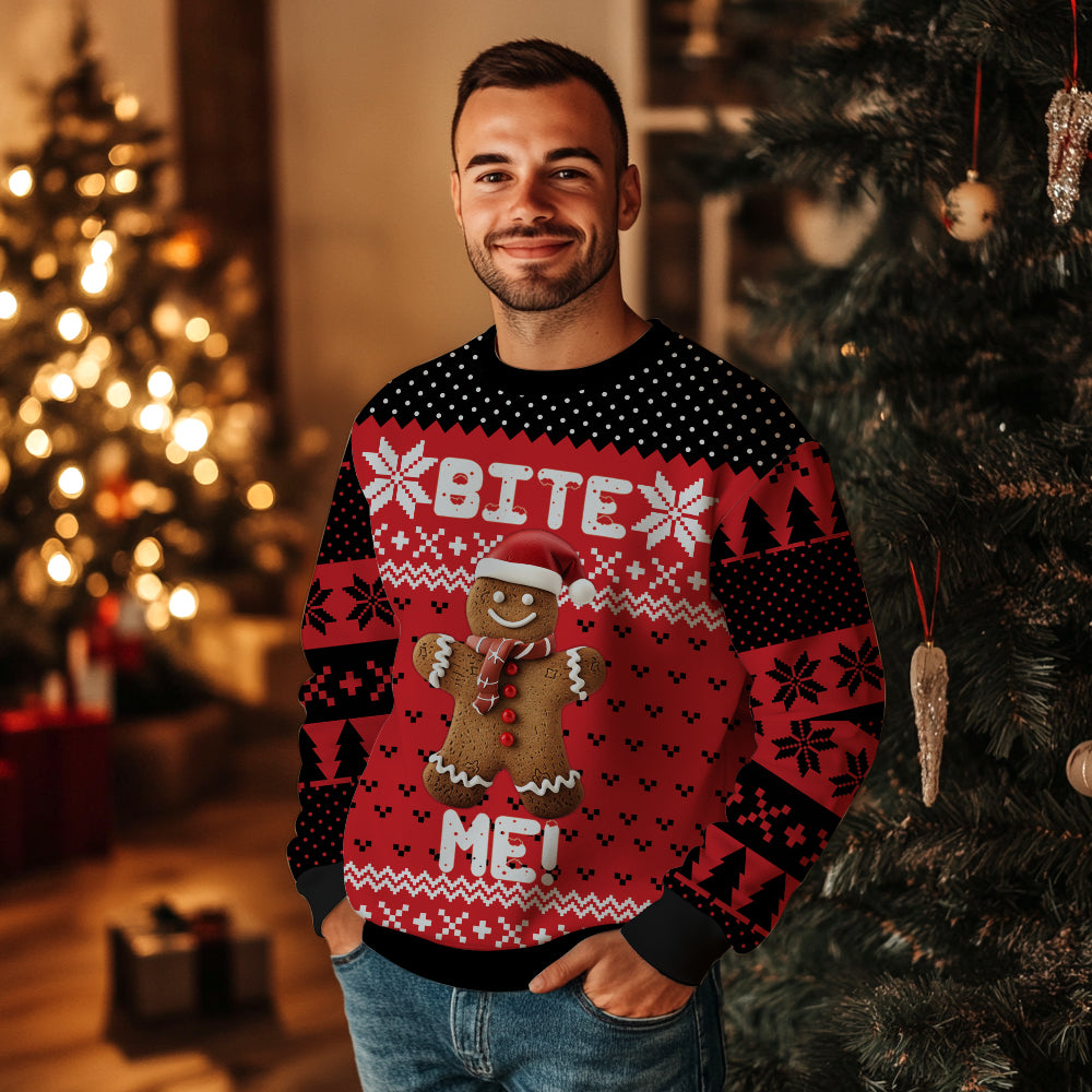 Bite Me Gingerbread Man Ugly Christmas Sweater