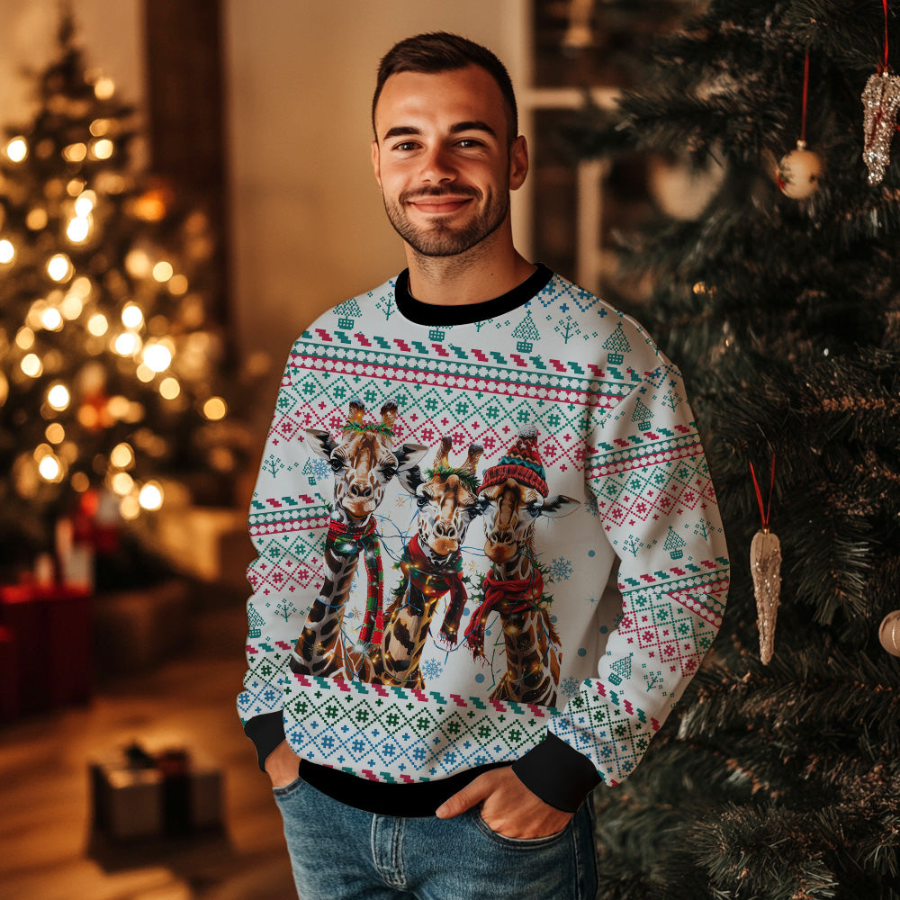 Giraffe Ugly Christmas Sweater, Funny Safari Animal Holiday Sweatshirt, Cute Xmas Party Pullover for Men & Women