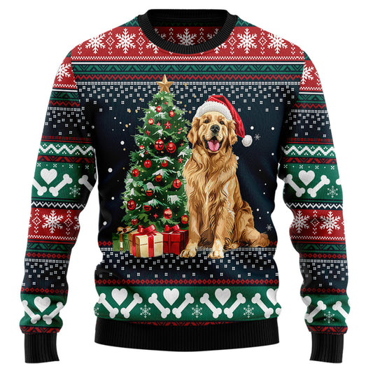 Festive Golden Retriever Santa Hat Ugly Christmas Sweater