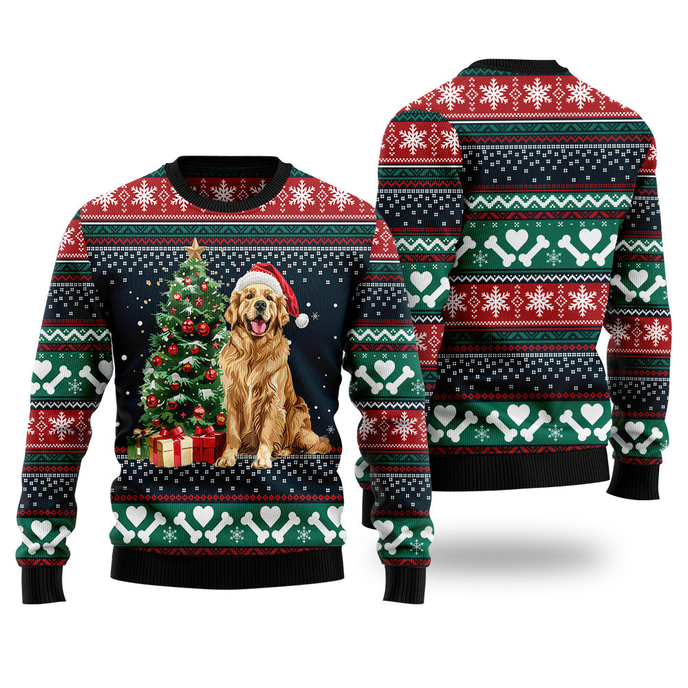 Festive Golden Retriever Santa Hat Ugly Christmas Sweater