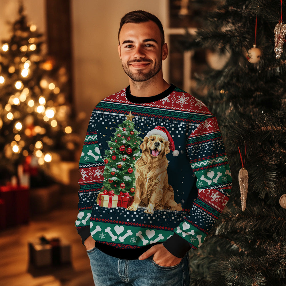 Festive Golden Retriever Santa Hat Ugly Christmas Sweater