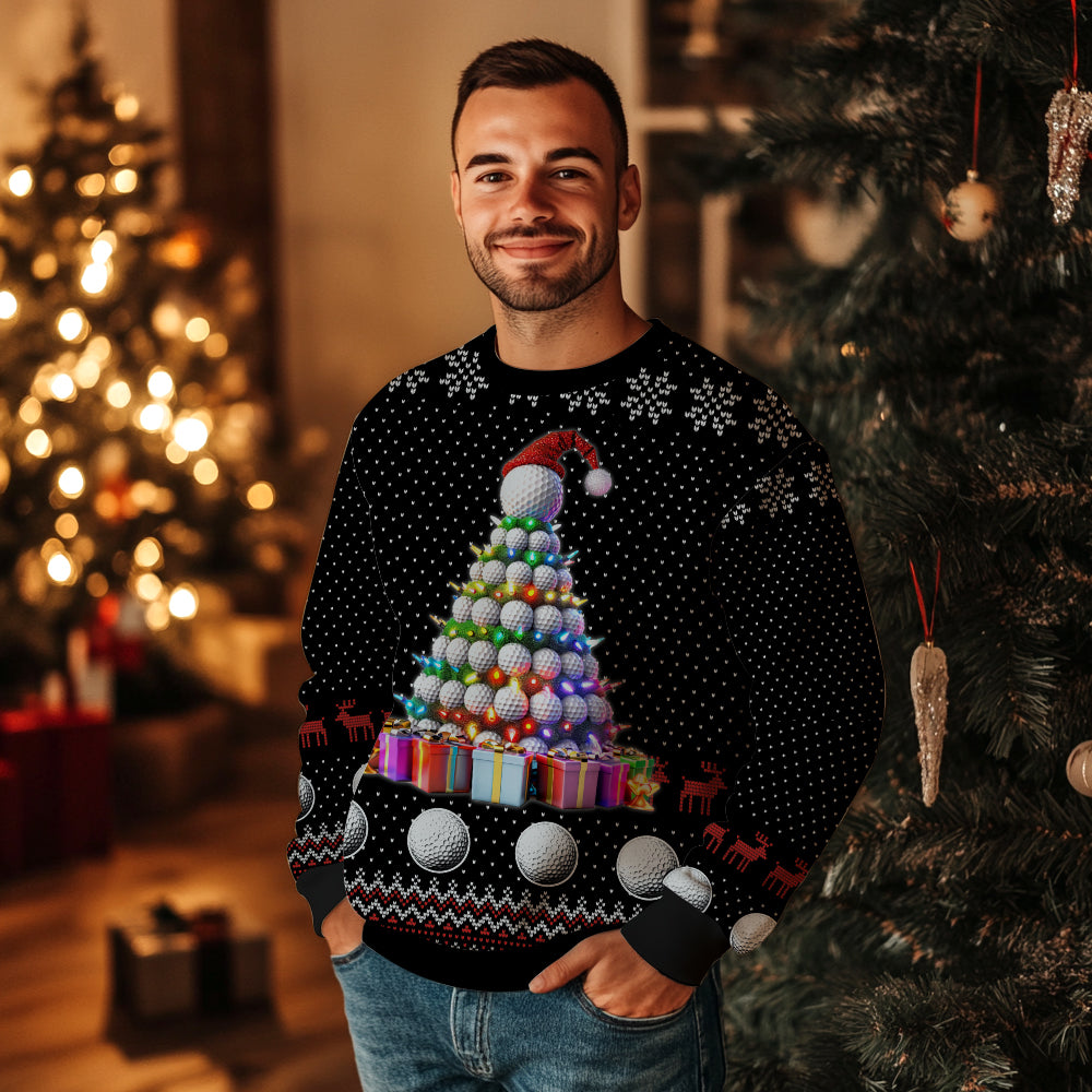 Golf Ugly Christmas Sweater, Funny Golf Ball Xmas Tree Holiday Sweatshirt, Novelty Sports Party Pullover Men Women