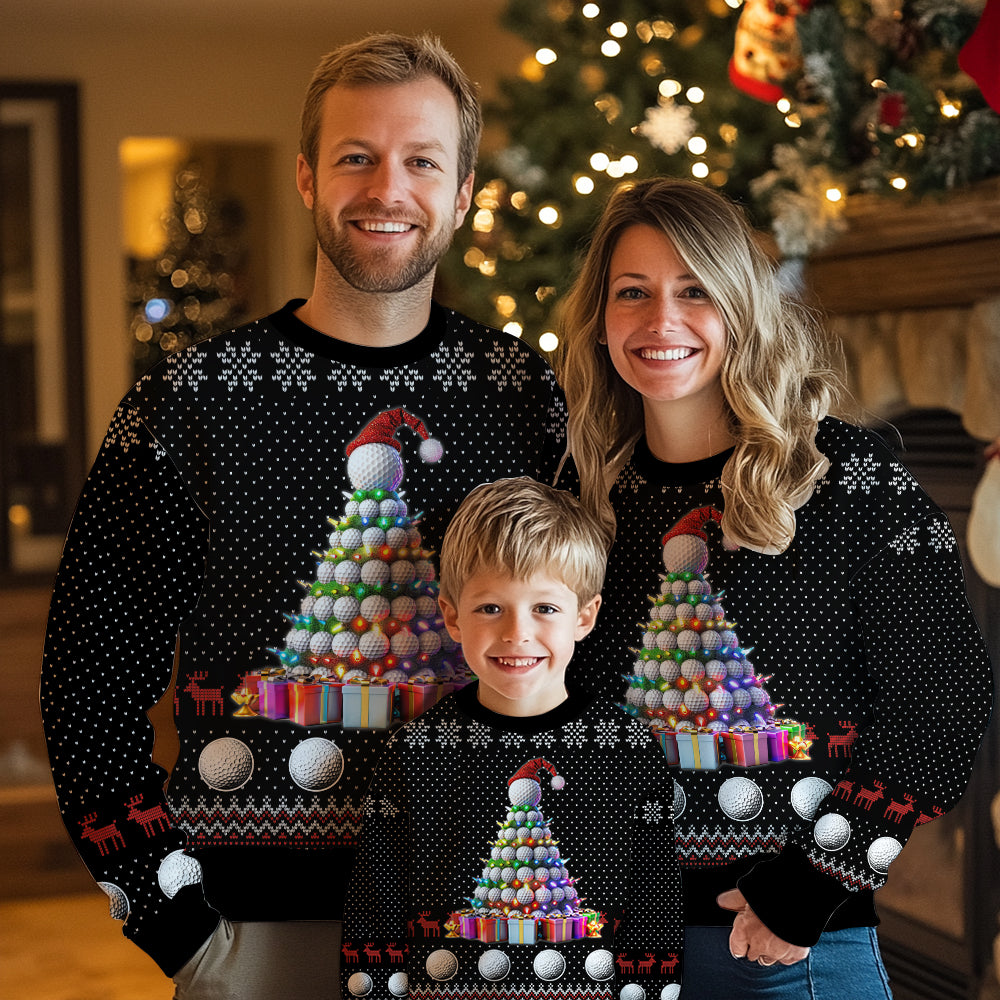 Golf Ugly Christmas Sweater, Funny Golf Ball Xmas Tree Holiday Sweatshirt, Novelty Sports Party Pullover Men Women