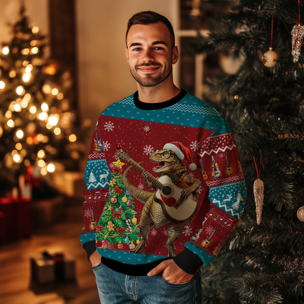 T-Rex Playing Guitar Ugly Christmas Sweater
