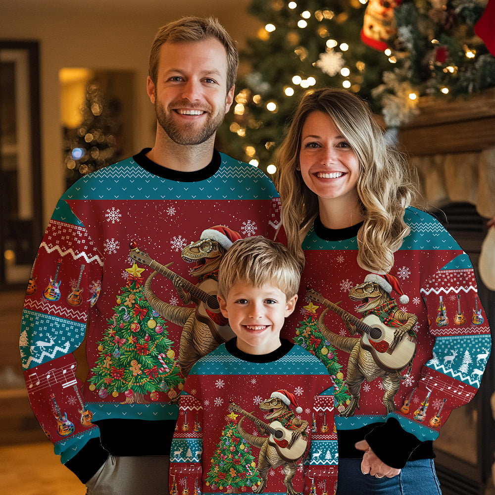 T-Rex Playing Guitar Ugly Christmas Sweater