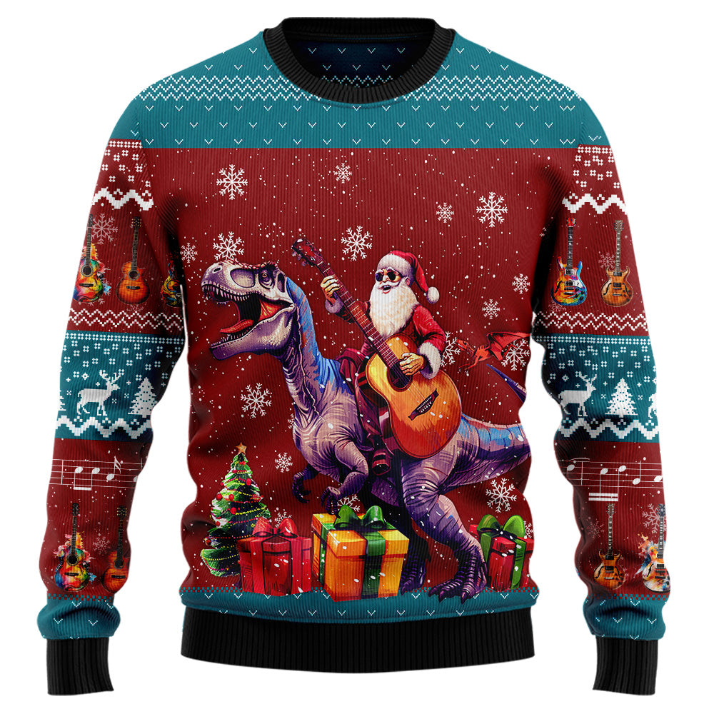 Santa Riding T-Rex and Playing Guitar Ugly Christmas Sweater