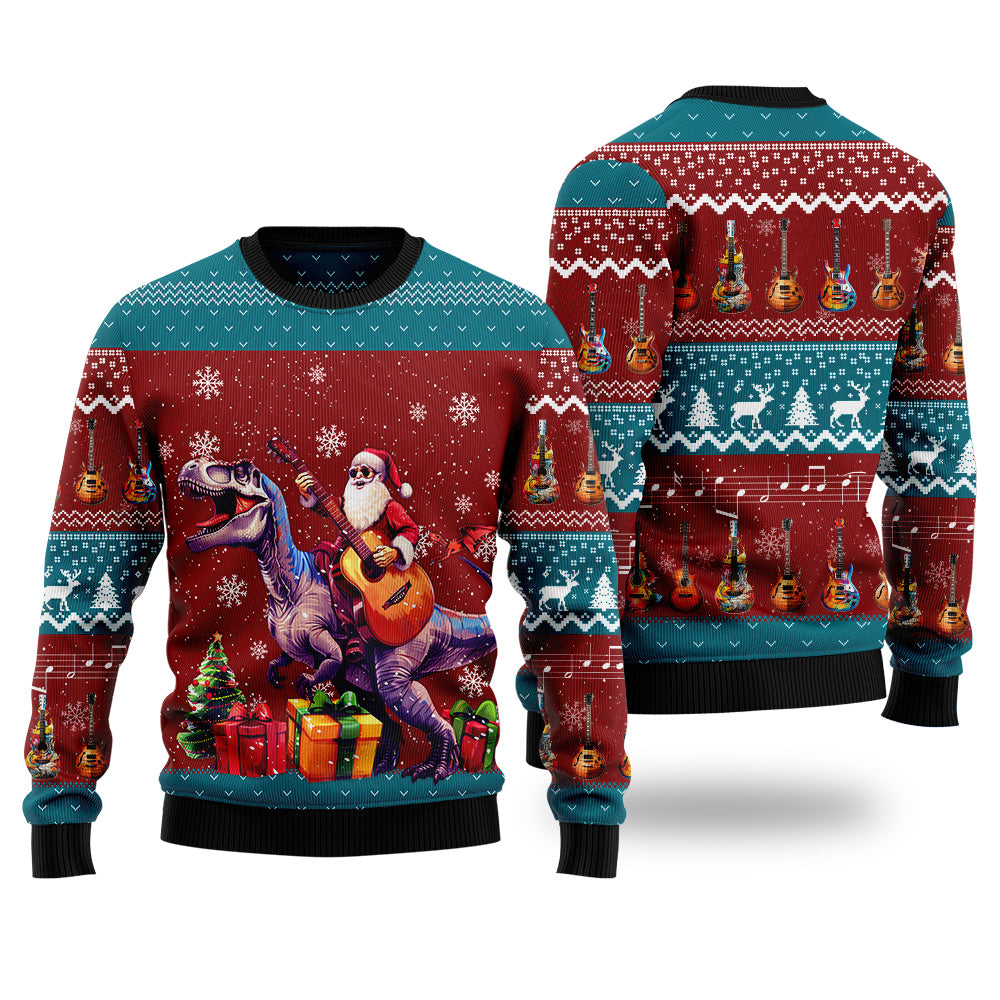 Santa Riding T-Rex and Playing Guitar Ugly Christmas Sweater