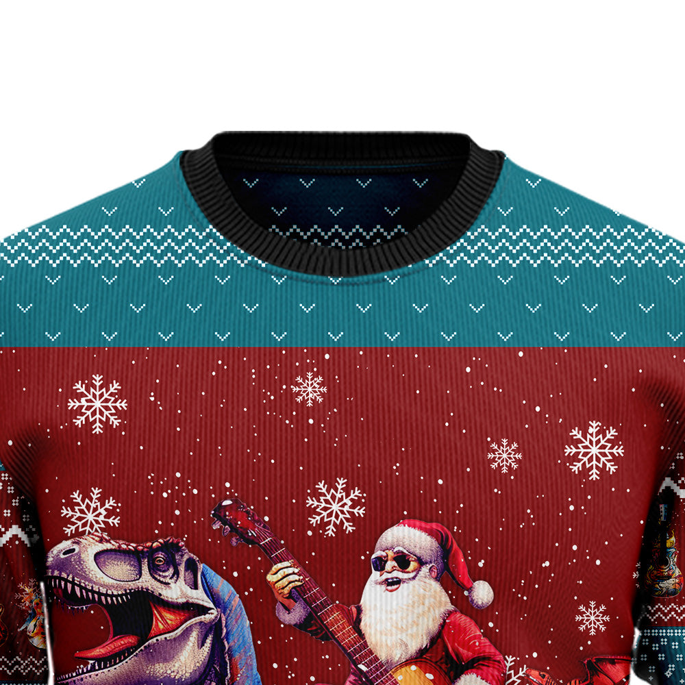 Santa Riding T-Rex and Playing Guitar Ugly Christmas Sweater