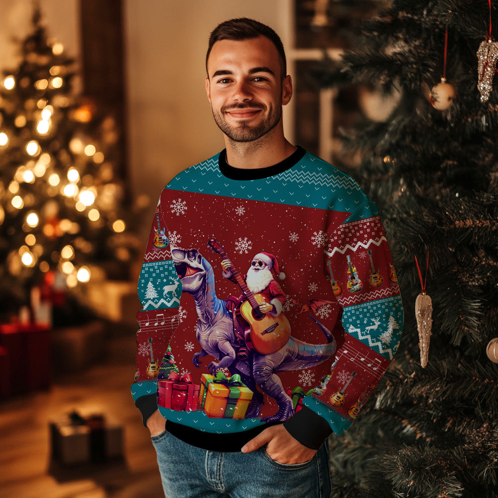 Santa Riding T-Rex and Playing Guitar Ugly Christmas Sweater