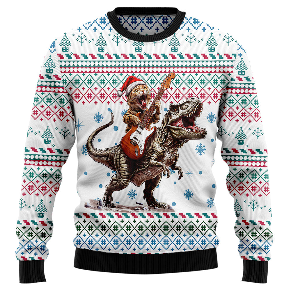 Festive Cat Playing Guitar Riding T-Rex Ugly Christmas Sweater