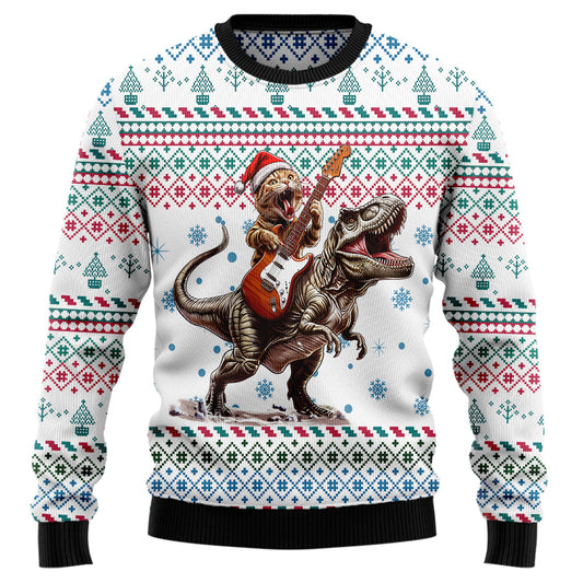 Festive Cat Playing Guitar Riding T-Rex Ugly Christmas Sweater