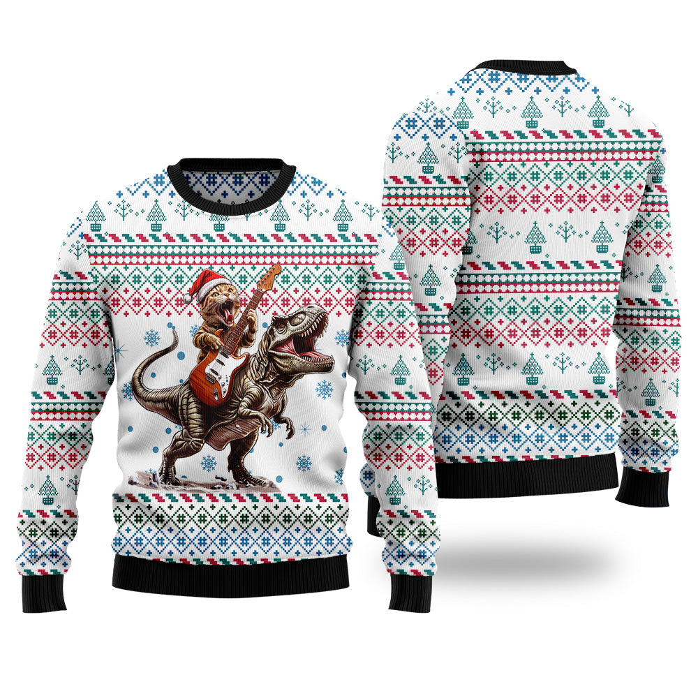 Festive Cat Playing Guitar Riding T-Rex Ugly Christmas Sweater