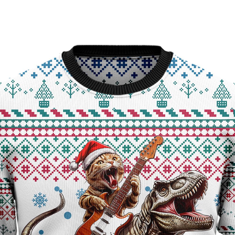 Festive Cat Playing Guitar Riding T-Rex Ugly Christmas Sweater