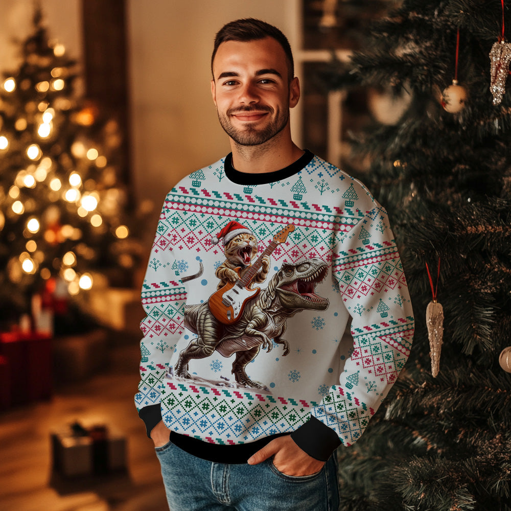 Festive Cat Playing Guitar Riding T-Rex Ugly Christmas Sweater
