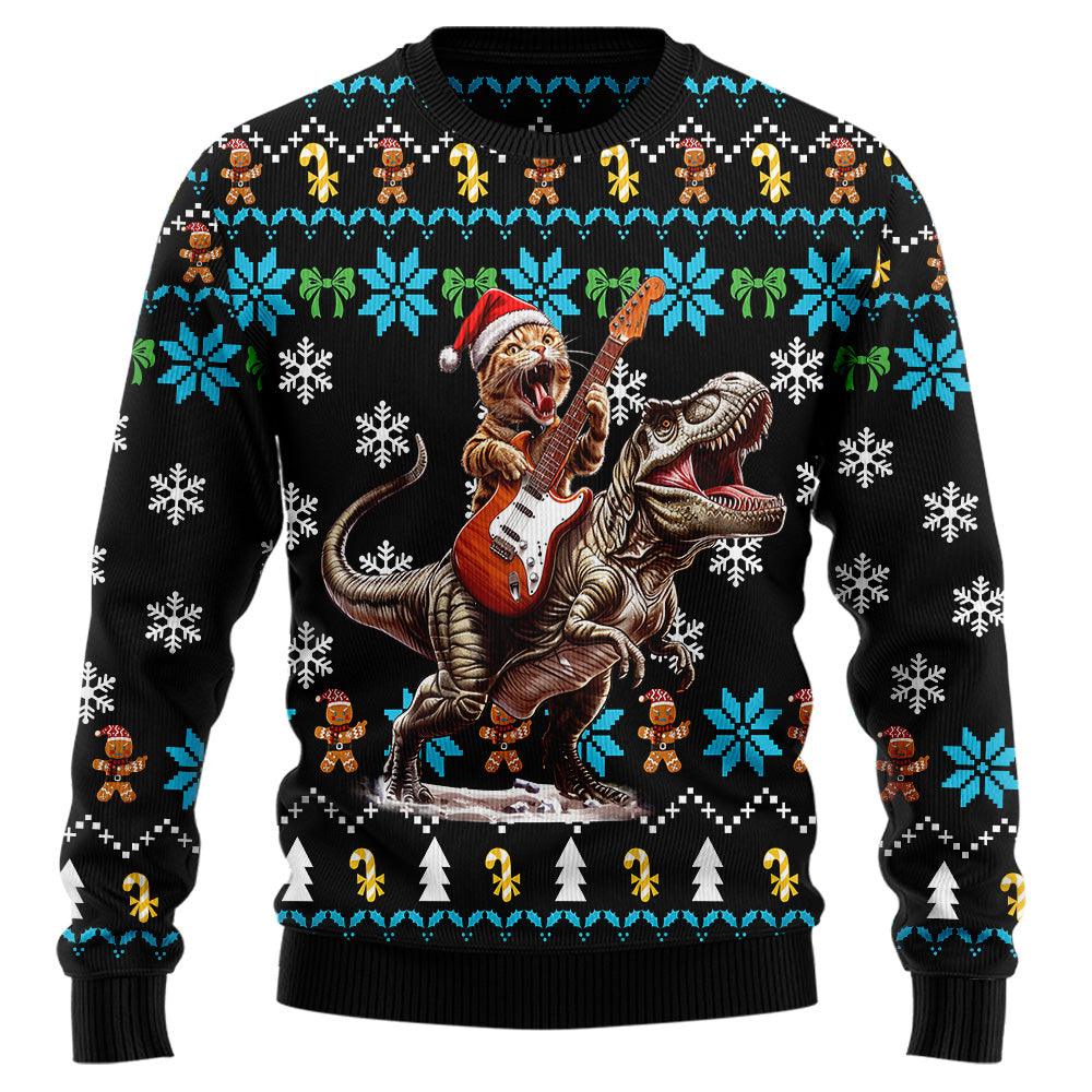 Guitar Cat T-Rex Ugly Christmas Sweater, Funny Dinosaur Rock Guitarist Holiday Sweatshirt, Novelty Xmas Pullover Men Women