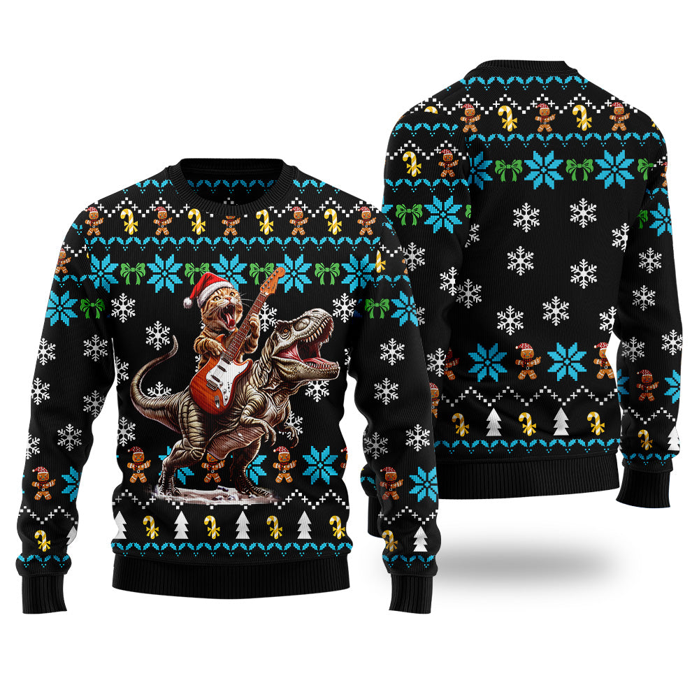 Guitar Cat T-Rex Ugly Christmas Sweater, Funny Dinosaur Rock Guitarist Holiday Sweatshirt, Novelty Xmas Pullover Men Women
