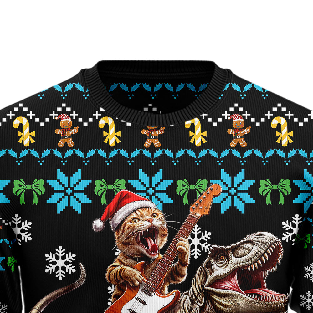 Guitar Cat T-Rex Ugly Christmas Sweater, Funny Dinosaur Rock Guitarist Holiday Sweatshirt, Novelty Xmas Pullover Men Women