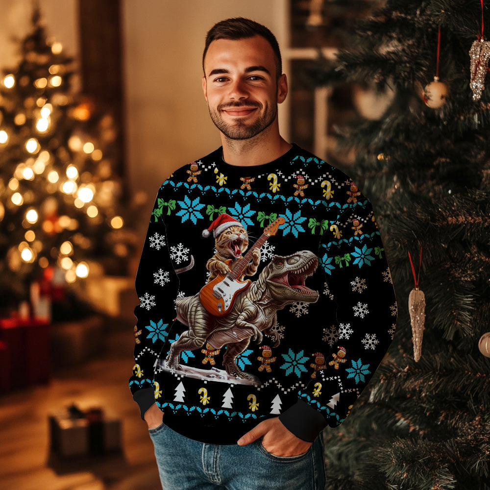 Guitar Cat T-Rex Ugly Christmas Sweater, Funny Dinosaur Rock Guitarist Holiday Sweatshirt, Novelty Xmas Pullover Men Women