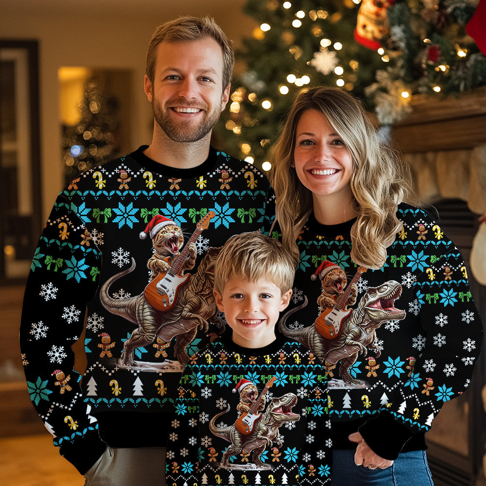 Guitar Cat T-Rex Ugly Christmas Sweater, Funny Dinosaur Rock Guitarist Holiday Sweatshirt, Novelty Xmas Pullover Men Women