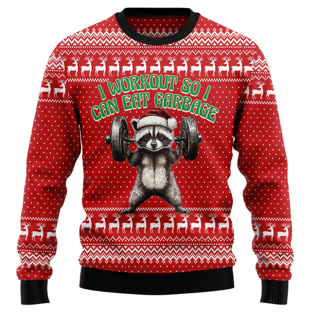 I Workout So I Can Eat Garbage Raccoon Ugly Christmas Sweater