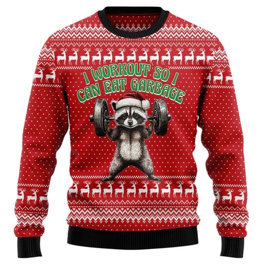 I Workout So I Can Eat Garbage Raccoon Ugly Christmas Sweater