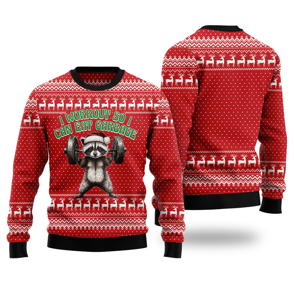 I Workout So I Can Eat Garbage Raccoon Ugly Christmas Sweater