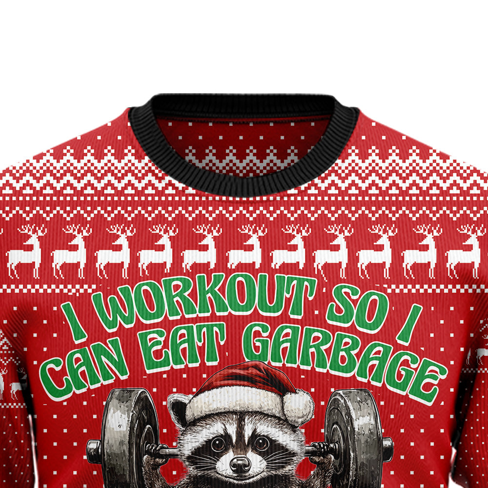 I Workout So I Can Eat Garbage Raccoon Ugly Christmas Sweater