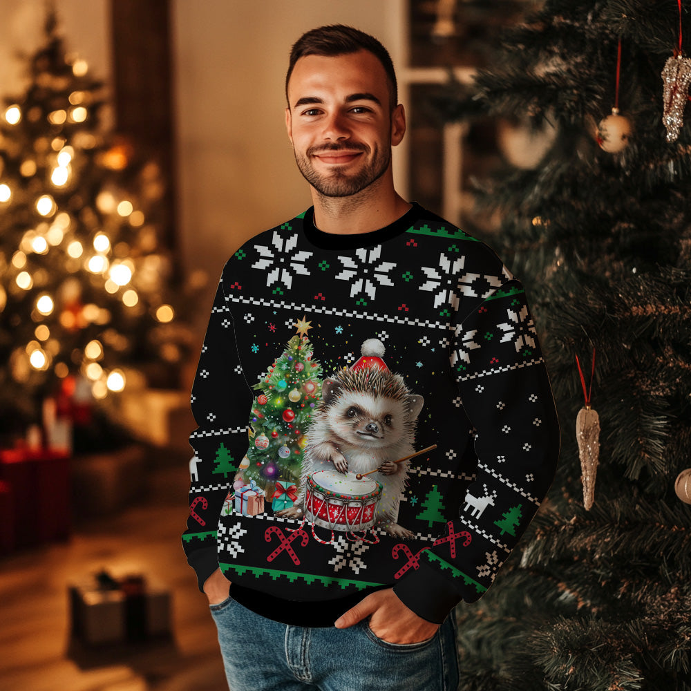 Drummer Hedgehog Christmas Tree Ugly Christmas Sweater