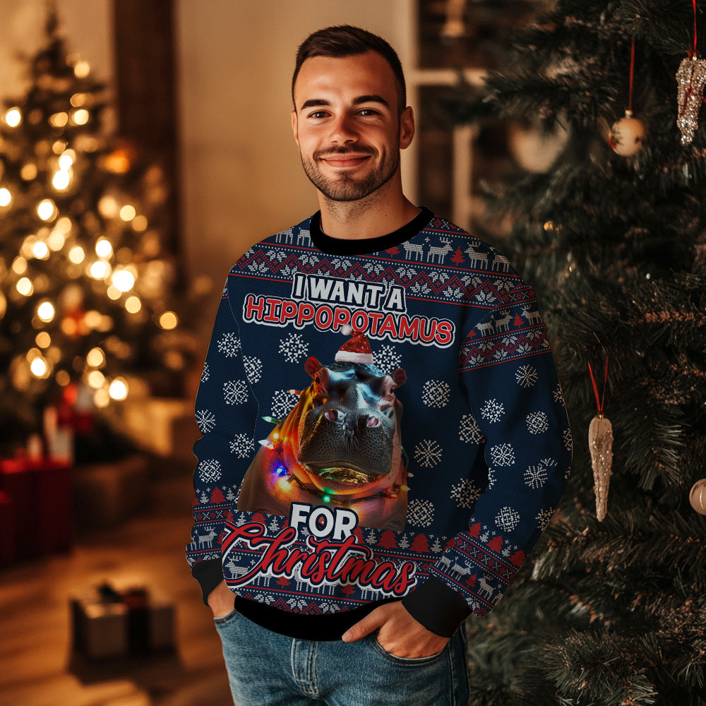 Festive Hippopotamus Ugly Christmas Sweater