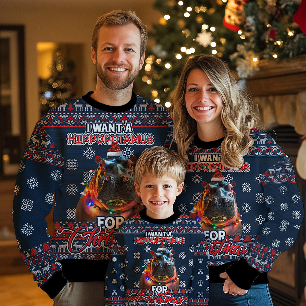 Festive Hippopotamus Ugly Christmas Sweater