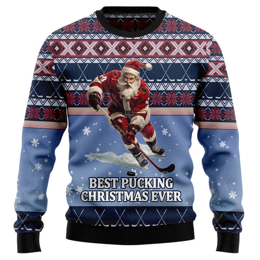 Best Pucking Christmas Ever Hockey Santa Ugly Christmas Sweater