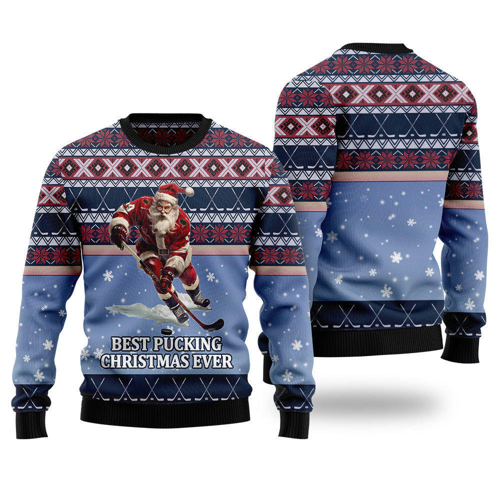 Best Pucking Christmas Ever Hockey Santa Ugly Christmas Sweater