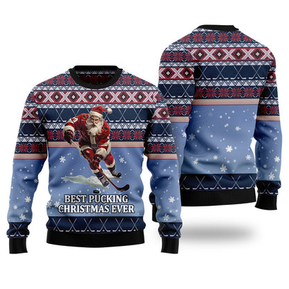 Best Pucking Christmas Ever Hockey Santa Ugly Christmas Sweater