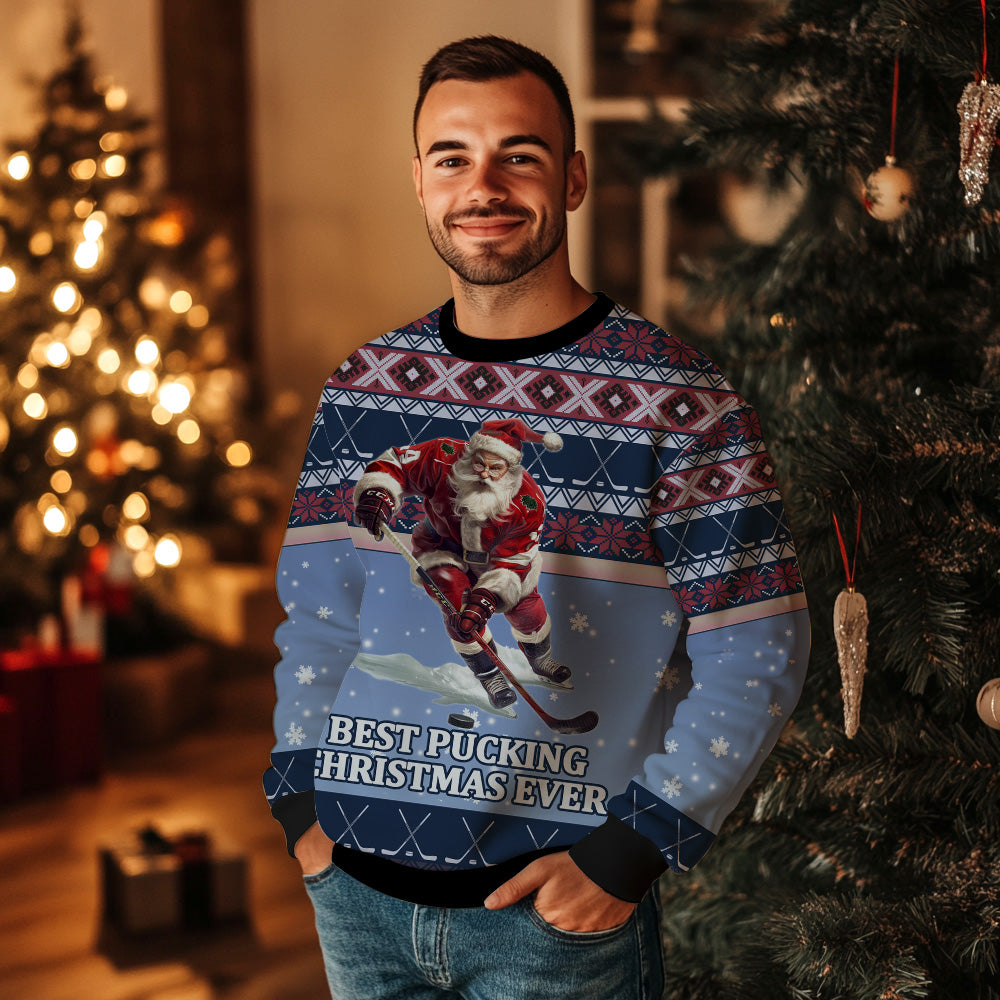 Best Pucking Christmas Ever Hockey Santa Ugly Christmas Sweater
