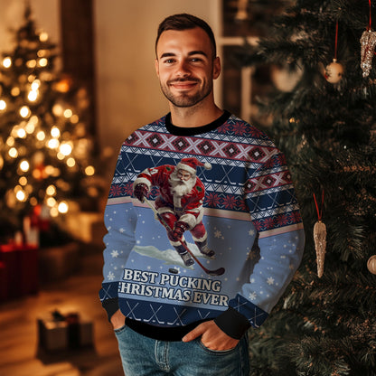 Best Pucking Christmas Ever Hockey Santa Ugly Christmas Sweater