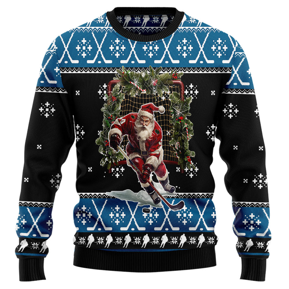 Santa Playing Ice Hockey Ugly Christmas Sweater