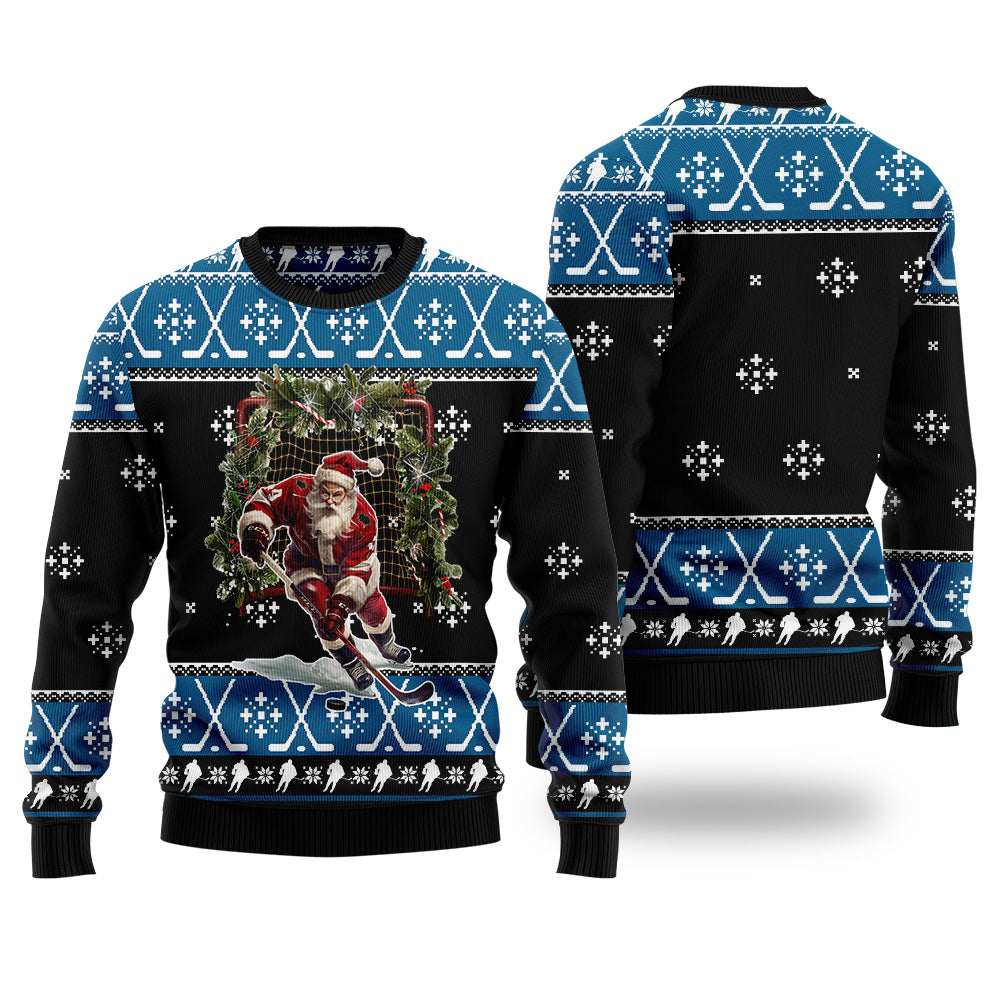 Santa Playing Ice Hockey Ugly Christmas Sweater