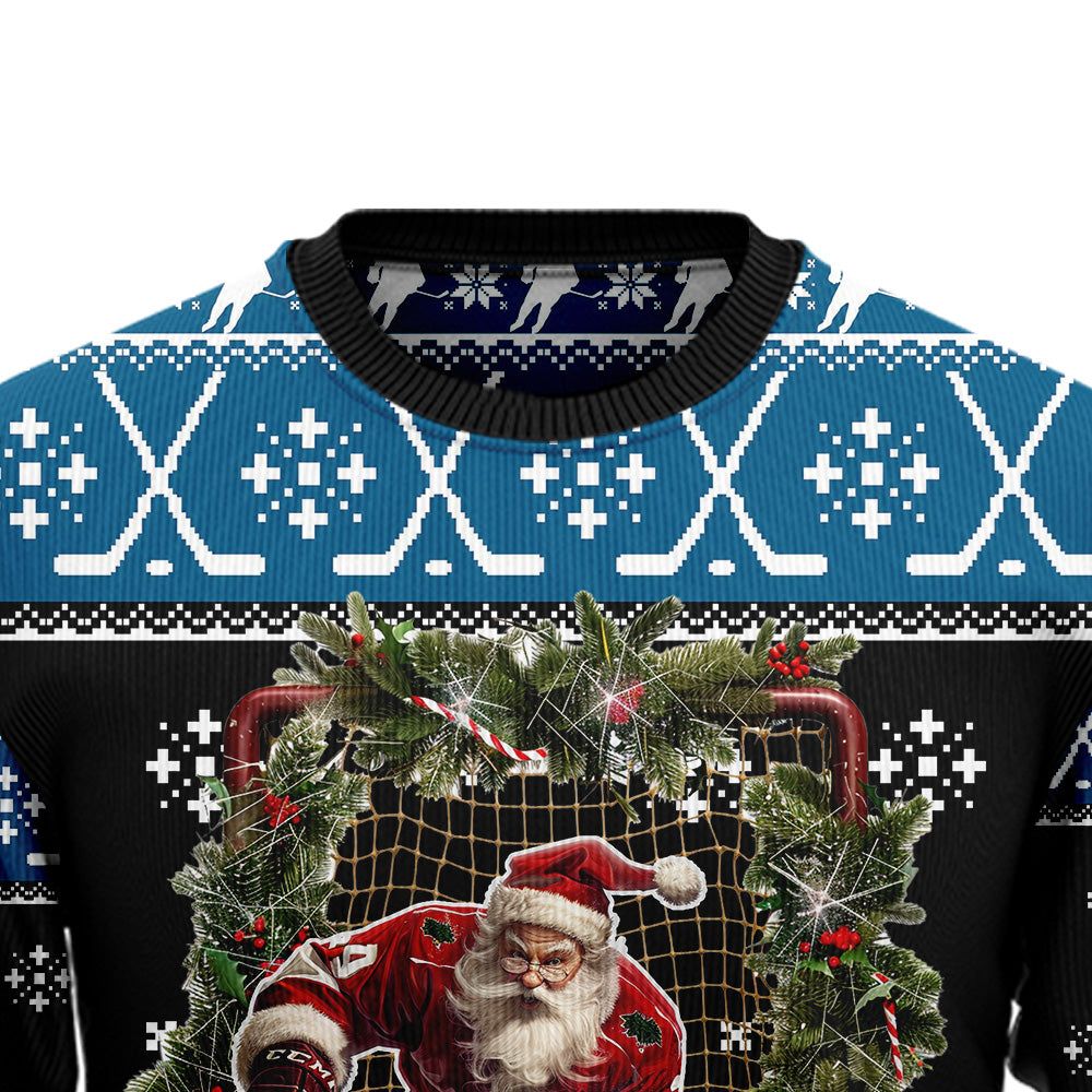 Santa Playing Ice Hockey Ugly Christmas Sweater