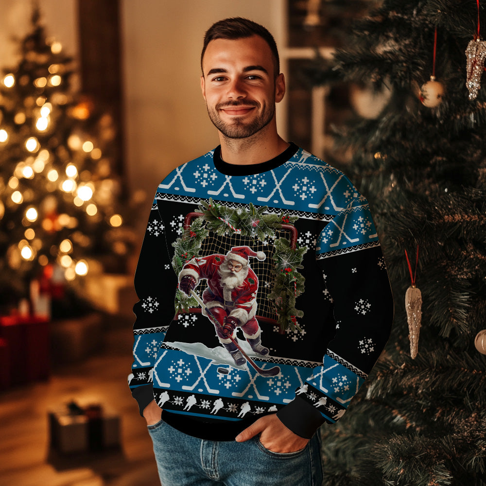 Santa Playing Ice Hockey Ugly Christmas Sweater