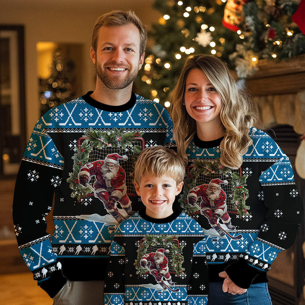 Santa Playing Ice Hockey Ugly Christmas Sweater
