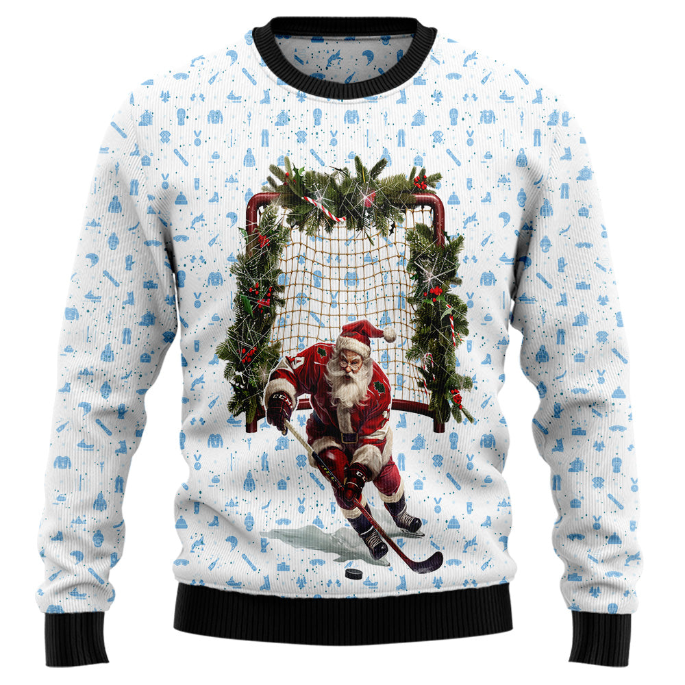 Santa Hockey Ugly Christmas Sweater, Funny Ice Hockey Holiday Sweatshirt, Novelty Xmas Sports Pullover Men Women