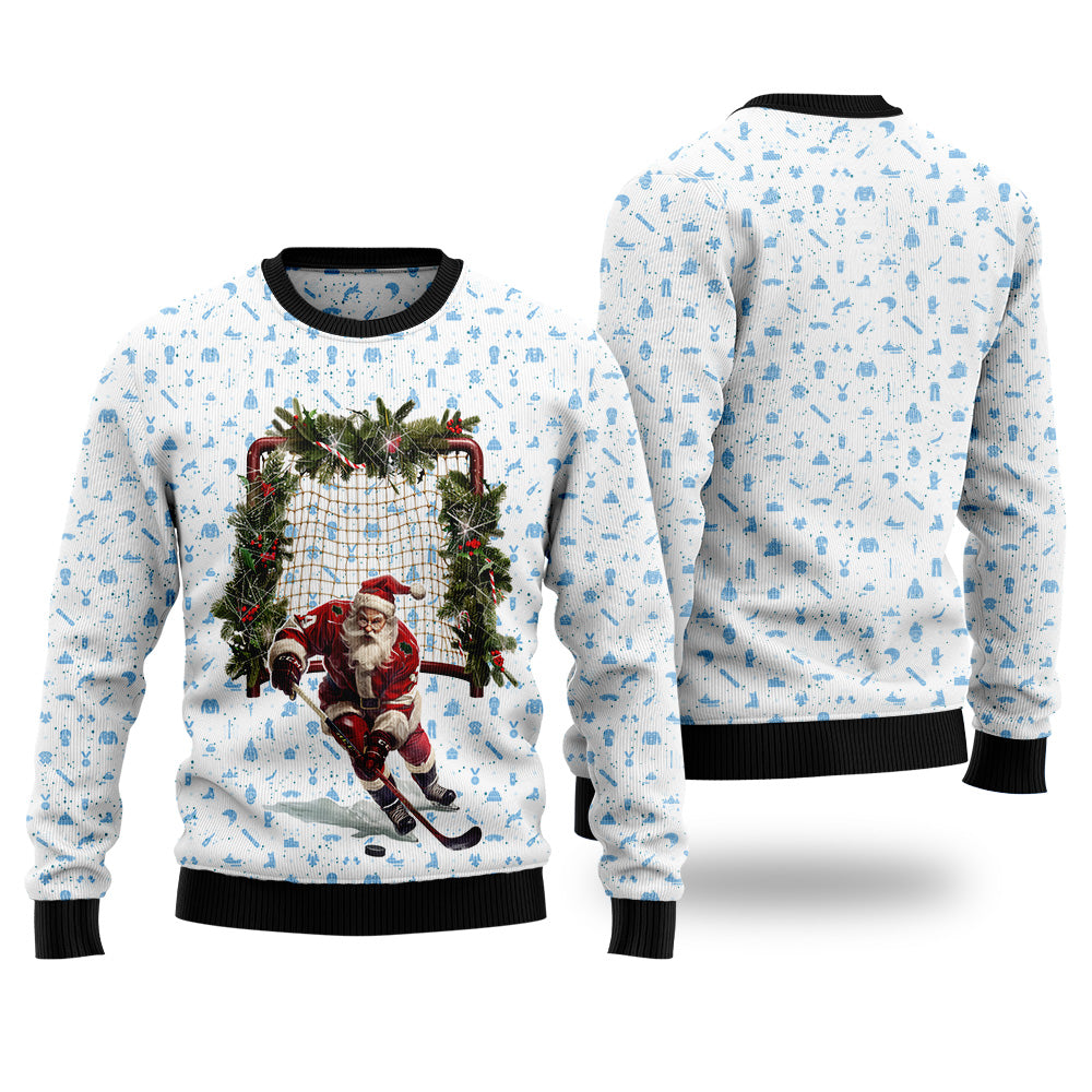 Santa Hockey Ugly Christmas Sweater, Funny Ice Hockey Holiday Sweatshirt, Novelty Xmas Sports Pullover Men Women