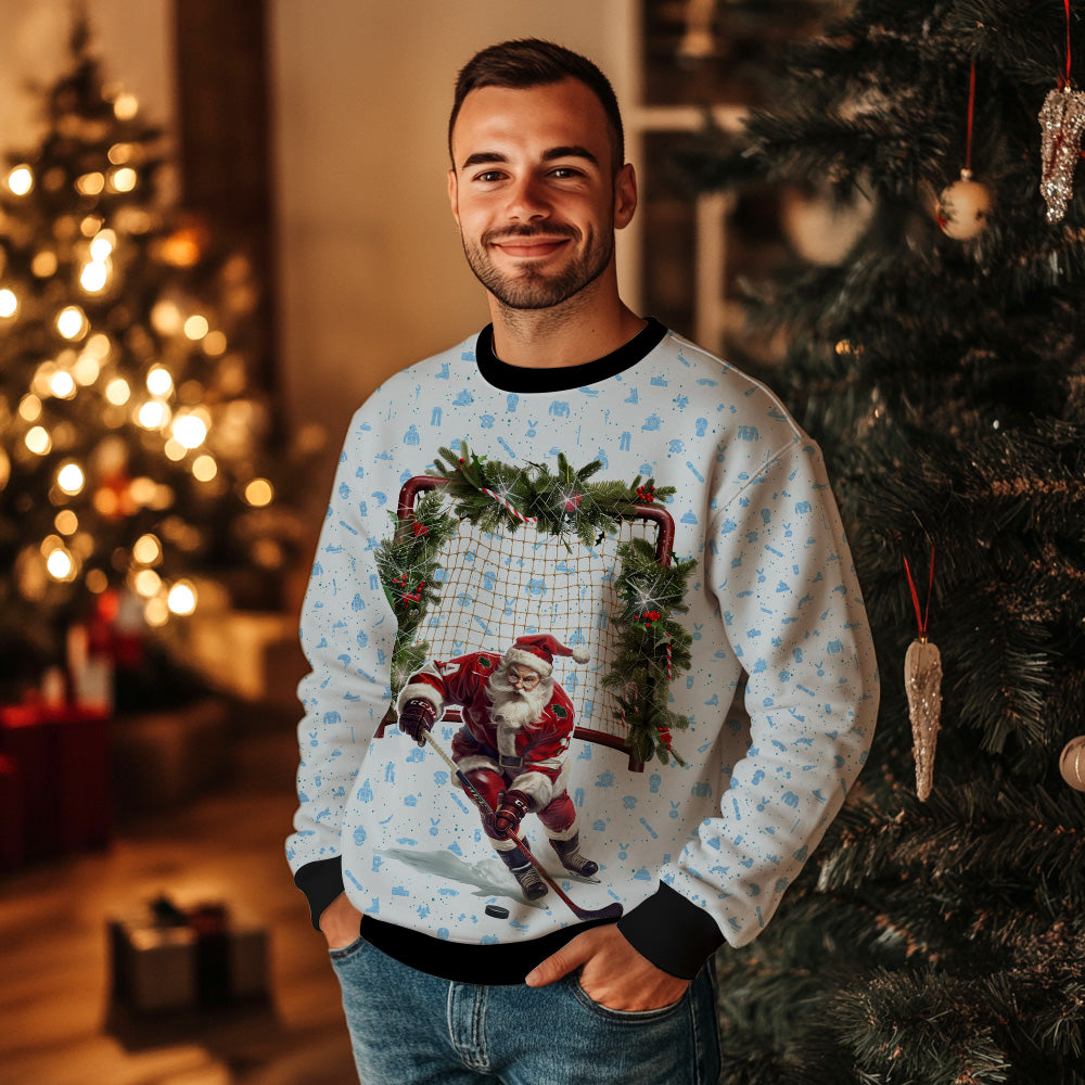 Santa Hockey Ugly Christmas Sweater, Funny Ice Hockey Holiday Sweatshirt, Novelty Xmas Sports Pullover Men Women