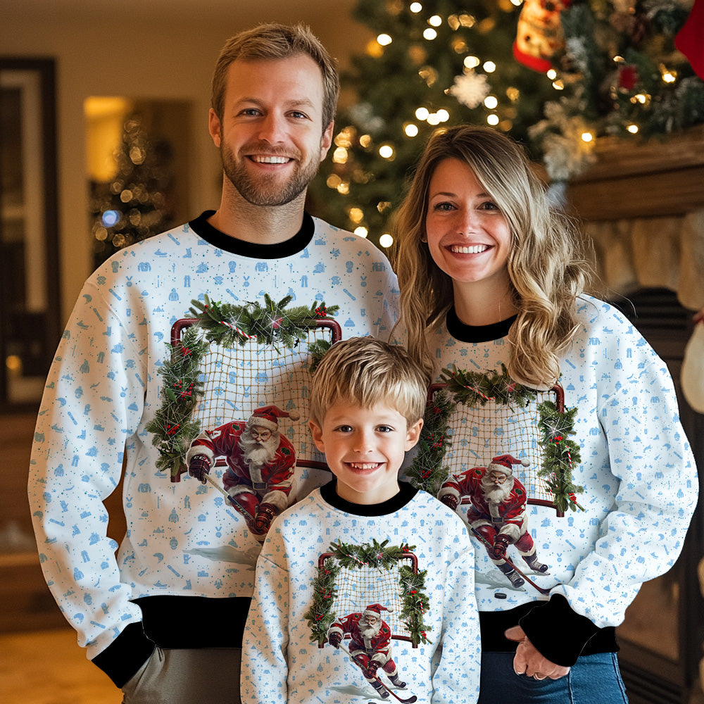Santa Hockey Ugly Christmas Sweater, Funny Ice Hockey Holiday Sweatshirt, Novelty Xmas Sports Pullover Men Women