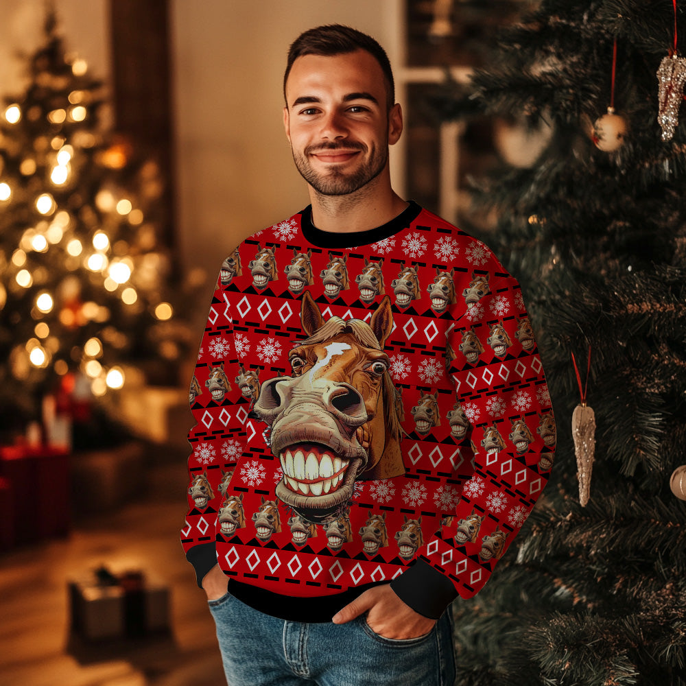 Funny Grinning Horse Ugly Christmas Sweater