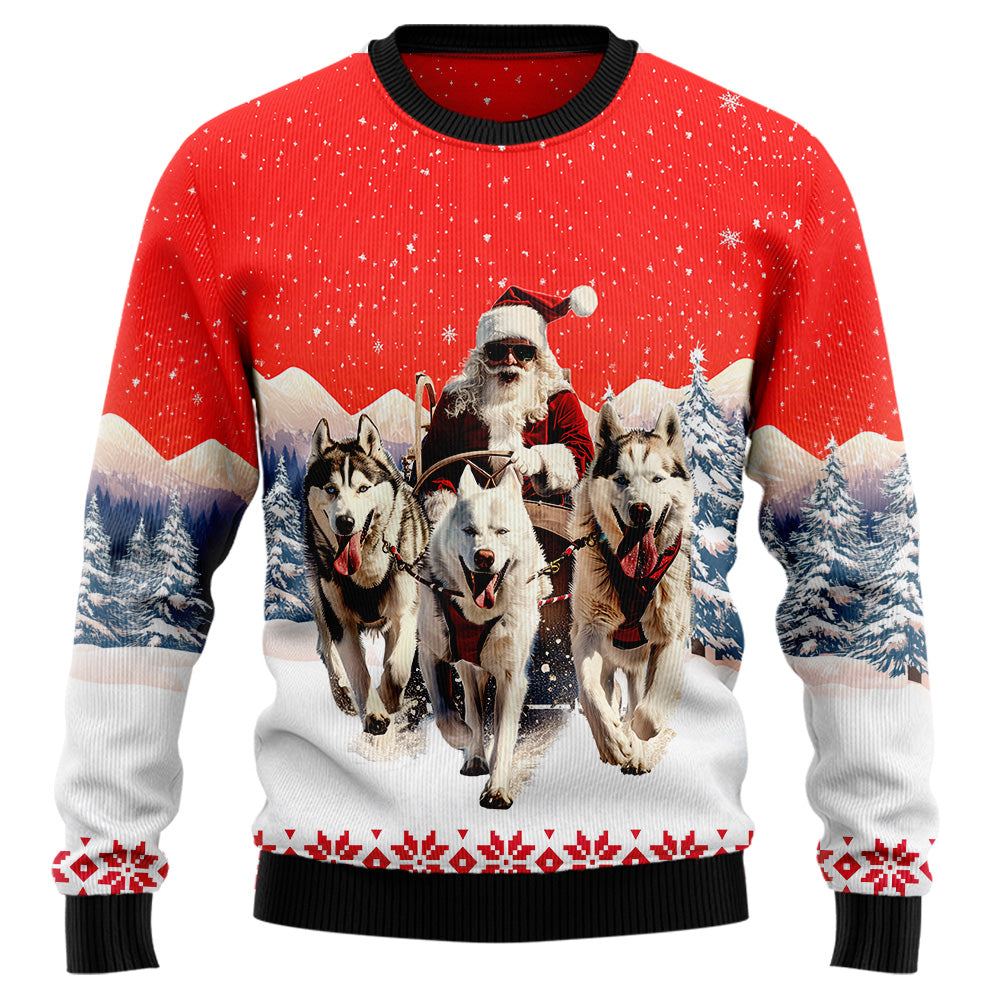 Festive Husky Sled Ugly Christmas Sweater